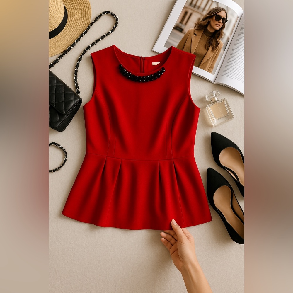 New York & Company Red Beaded Neckline Peplum Blouse Size Small
